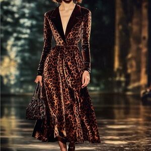 Leopard-Print Velvet Wrap Midi Dress - Brown